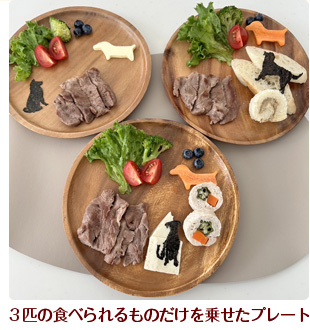 ３匹の食べられるものだけを乗せたプレート